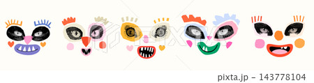 Fun colorful vector face mask set with cat eyes and funny monster mouths, Modern quirky halftone collage for posters and Halloween designs 143778104