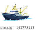 Stylized commercial fishing vessel with cranes and nets 143778113