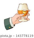 Hand holding glass with strong drink whiskey. Drink whiskey, beverage booze in hand, vintage hand drawing vector illustration 143778119
