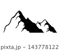 Black mountain, hill and rock silhouette. Vector rocky range and ridge with snow peaks and tops. Mountain nature landscape silhouette, hiking sport, tourism, outdoor adventure and camping themes 143778122