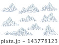 Mountains climbing routes to top rock with red flag on peak. Business journeys path in progress, way to success or concept of goal. Vector illustration 143778123