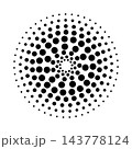 Halftone dotted speed lines circle. Geometric art in circle form. Round swirl movement symbol. Halftone circular dotted frame. Vector design element 143778124