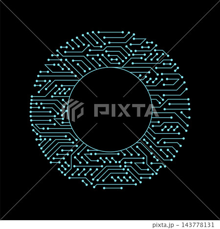 Circuit board circle frame. Abstract digital round frame, hardware board and electronic motherboard pattern vector. Programming science, computer system element 143778131