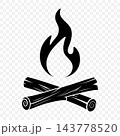 Campfire Icon with Flame and Crossed Logs, Vector Illustration. Black Bonfire and Firewood Silhouette Isolated. Camping, Hiking, Outdoor Adventure and Campsite Vector Illustration 143778520