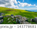 Carpathian mountain summer landscape. meadow with huge stones among the grass on top of the hillside near the peak of mountain range dappled light. clouds on the sky Carpathian mountain summer landscape. meadow with huge stones among the grass on top of the hillside near the peak of mountain range dappled light. clouds on the sky 143778681