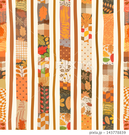 Cute vertical stripes vector seamless pattern with autumn leaves, textures and floral elements, Striped background for fall decor Cute vertical stripes vector seamless pattern with autumn leaves, textures and floral elements, Striped background for fall decor 143778839