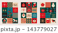 Set Christmas and New Year geometric flyers. Winter holiday design with simple symbols-Christmas tree, snowflake, candy, snowman in green and red colors for web, poster, covers design, label.Vector 143779027