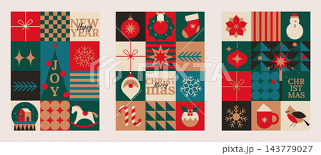 Set Christmas and New Year geometric flyers. Winter holiday design with simple symbols-Christmas tree, snowflake, candy, snowman in green and red colors for web, poster, covers design, label.Vector Set Christmas and New Year geometric flyers. Winter holiday design with simple symbols-Christmas tree, snowflake, candy, snowman in green and red colors for web, poster, covers design, label.Vector 143779027
