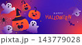 Cute Halloween banner in neon colors. Fun monsters - pumpkins, bat, ghosts and spider. Design for web, flyers, posters, banners, ad, social media, promo and sales. Vector illustration 143779028