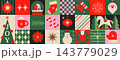 Christmas and New Year geometric banner. Winter holiday design with simple symbols-Christmas tree, snowflake, candy, snowman in green and red colors for flyer, web, poster, covers design, label.Vector 143779029