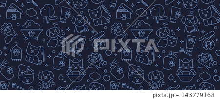 Pet grooming seamless pattern with line dogs, cats, combs, shampoo and bath tub on dark navy background. Repeating outline design for textile, wrapping paper, wallpaper or packaging. Pet grooming seamless pattern with line dogs, cats, combs, shampoo and bath tub on dark navy background. Repeating outline design for textile, wrapping paper, wallpaper or packaging. 143779168