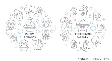 Pet spa and grooming services round compositions with cute dog, cat, bath foam, shampoo and comb. Line art outline design for salon banner, poster, flyer or web. 143779169