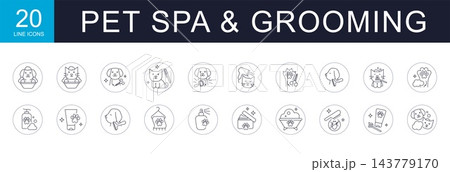 Pet spa and grooming line icons set in round badges with dog, cat, bath, brush and paw. Editable stroke outline symbols for veterinary salon, shop or animal care app. Pet spa and grooming line icons set in round badges with dog, cat, bath, brush and paw. Editable stroke outline symbols for veterinary salon, shop or animal care app. 143779170