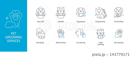 Pet grooming services line icons with dog bath, haircut, fur combing, nail trimming, ear cleaning and teeth brushing. Editable stroke outline symbols for salon, vet clinic or app. 143779171