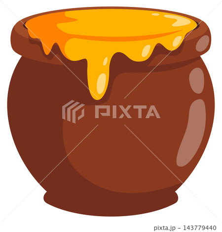 Ceramic crock overflowing with golden honey for storybooks sweet shop logos and country kitchen graphics 143779440