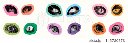 Colorful halftone vector collage cat eyes, Cute animal face for pop art designs, posters and stickers Colorful halftone vector collage cat eyes, Cute animal face for pop art designs, posters and stickers 143780278