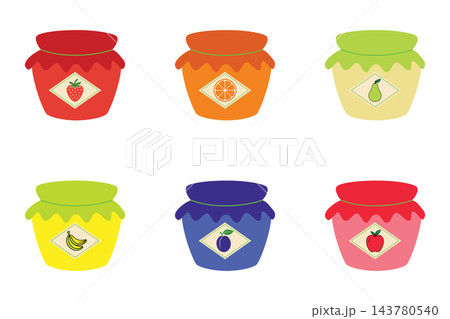 Set of jars with various fruit jams. Vector illustration Set of jars with various fruit jams. Vector illustration 143780540