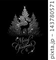 Beautiful Christmas card: white design on a black background Christmas trees and a reindeer. Not AI. Vector illustration 143780571