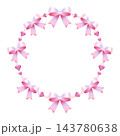 Pink Satin Bow and Pearl Heart Wreath, Romantic Coquette Round Frame. Romantic style frame with empty center and copy space, template, perfect for Valentine s Day, wedding invitations, baby shower. 143780638