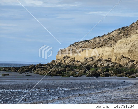 Layered Coastal Rocks and Tidal Shore at Playa Larralde 143781234