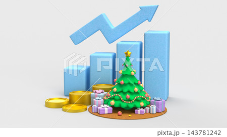 Christmas Sales Growth Concept with Rising Blue Chart Golden Coins and Festive Tree 3d render. 143781242