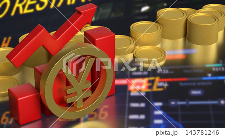 Japanese Yen Symbol with Rising Chart and Gold Coins 3d render. Japanese Yen Symbol with Rising Chart and Gold Coins 3d render. 143781246