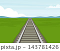 straight railway track stretching through green fields toward distant horizon 143781426