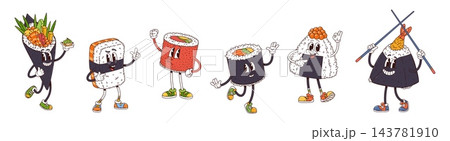 Cartoon cute groovy japanese sushi roll characters Cartoon cute groovy japanese sushi roll characters 143781910