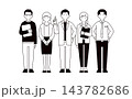 オフィスで働く複数の男女のビジネスパーソンのシンプルな線画の全身ベクターイラスト素材セット 143782686