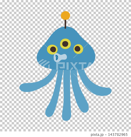 A cute blue, octopus-shaped, three-eyed alien illustration with an antenna on its head. A cute blue, octopus-shaped, three-eyed alien illustration with an antenna on its head. 143782965