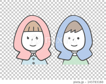 圖中描繪了一名小學生和一名小學生戴著防災帽。 143783160