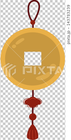 Golden Chinese antique coin with red tassel hanging ornament Golden Chinese antique coin with red tassel hanging ornament 143783239
