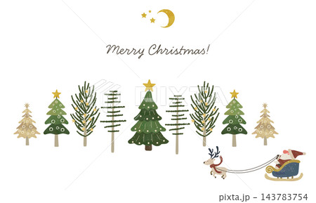ツリーの森をトナカイの橇に乗って行くサンタクロース(クリスマスカード) ツリーの森をトナカイの橇に乗って行くサンタクロース(クリスマスカード) 143783754
