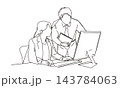 パソコンを見ながら話す男女の一筆書き線画イラスト パソコンを見ながら話す男女の一筆書き線画イラスト 143784063