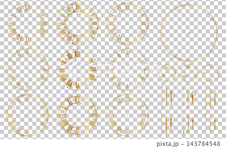 Roman numeral clock face collection, gold hands. Roman numeral clock face collection, gold hands. 143784548