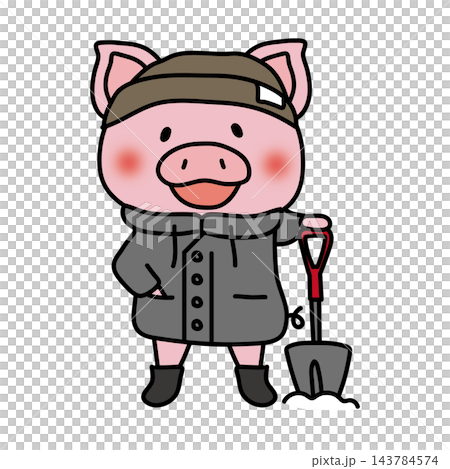 A pig holding a snow shovel. 143784574