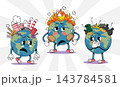 Earth pollution and global warming retro 1930s style rubber hose cartoon characters set, featuring sad planet earth with factory smoke, fire heat, trash and air pollution, Vector illustration. 143784581