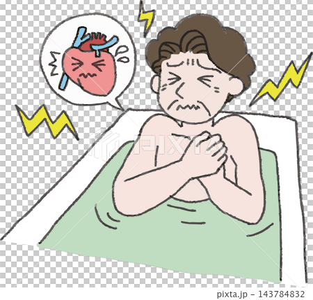 Full-color illustration of an elderly man complaining of chest pain in the bath, hand-drawn style (heat shock, myocardial infarction) Full-color illustration of an elderly man complaining of chest pain in the bath, hand-drawn style (heat shock, myocardial infarction) 143784832