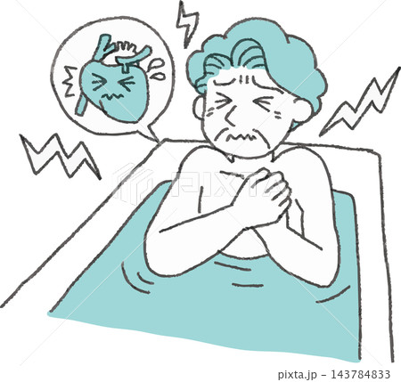 お風呂で胸の痛みを訴える高齢男性の2色イラスト 手書き風デフォルメ(ヒートショック・心筋梗塞・狭心症 お風呂で胸の痛みを訴える高齢男性の2色イラスト 手書き風デフォルメ(ヒートショック・心筋梗塞・狭心症 143784833