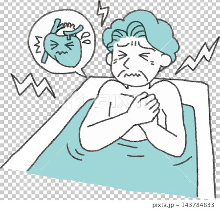 お風呂で胸の痛みを訴える高齢男性の2色イラスト 手書き風デフォルメ(ヒートショック・心筋梗塞・狭心症 お風呂で胸の痛みを訴える高齢男性の2色イラスト 手書き風デフォルメ(ヒートショック・心筋梗塞・狭心症 143784833