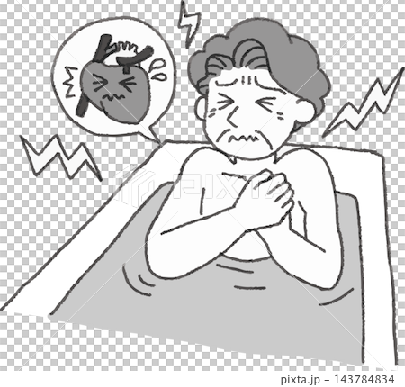 お風呂で胸の痛みを訴える高齢男性の白黒イラスト 手書き風デフォルメ(ヒートショック・心筋梗塞・狭心症 お風呂で胸の痛みを訴える高齢男性の白黒イラスト 手書き風デフォルメ(ヒートショック・心筋梗塞・狭心症 143784834