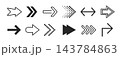 Different arrow icon set. Dotted and linear direction symbol collection. Black pointer arrows pack for navigation, infographic, movement design, process. Various cursor sign element bundle. Vector 143784863