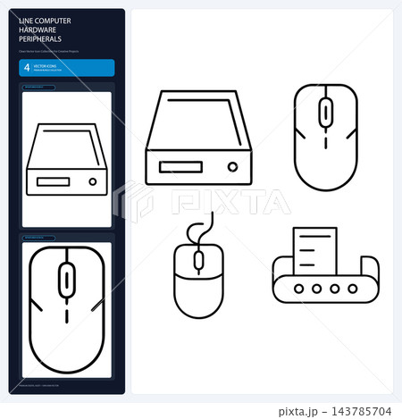 Computer Hardware Line Icons Monitor CPU Printer Mouse Drive Set 143785704