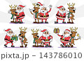 Santa Claus and reindeer retro 1930s style rubber hose cartoon characters set for christmas design, featuring friendly poses, hugging, holding gift, ringing bell, waving hand. Vector illustration. 143786010