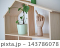 House shaped wooden shelf with potted plant and pointing hand model 143786078