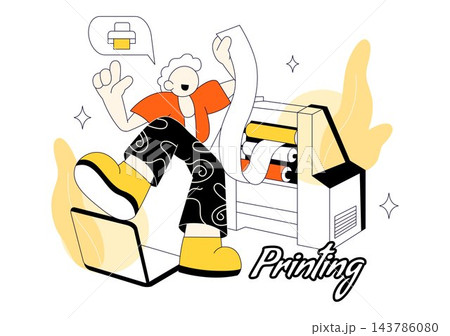 Printing Vector Illustration Featuring Digital Print Services, Colorful Inkjet Printer, Paper Sheets, Graphic Design, and Publishing Technology 143786080