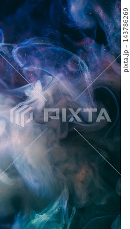 Ink splash. Mist art. Defocused pink blue color sparkling liquid neon glitter texture spreading on abstract dark black art background. 143786269