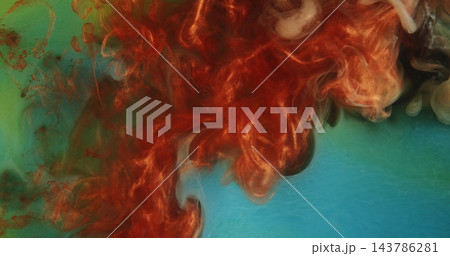 Smoke twist. Shimmering ink. Brown orange dye colorful blow turquoise texture. Blur splash mixing shiny swirl abstract background. Smoke twist. Shimmering ink. Brown orange dye colorful blow turquoise texture. Blur splash mixing shiny swirl abstract background. 143786281