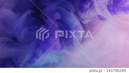Steam texture. Watercolor ink. Violet pink paint splash liquid spill on wet abstract background. Colorful art defocused dye fog mix. 143786289