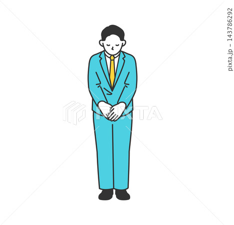全身姿で丁寧にお辞儀をし感謝や謝罪の意を伝える男性ビジネスマンの線画素材 143786292